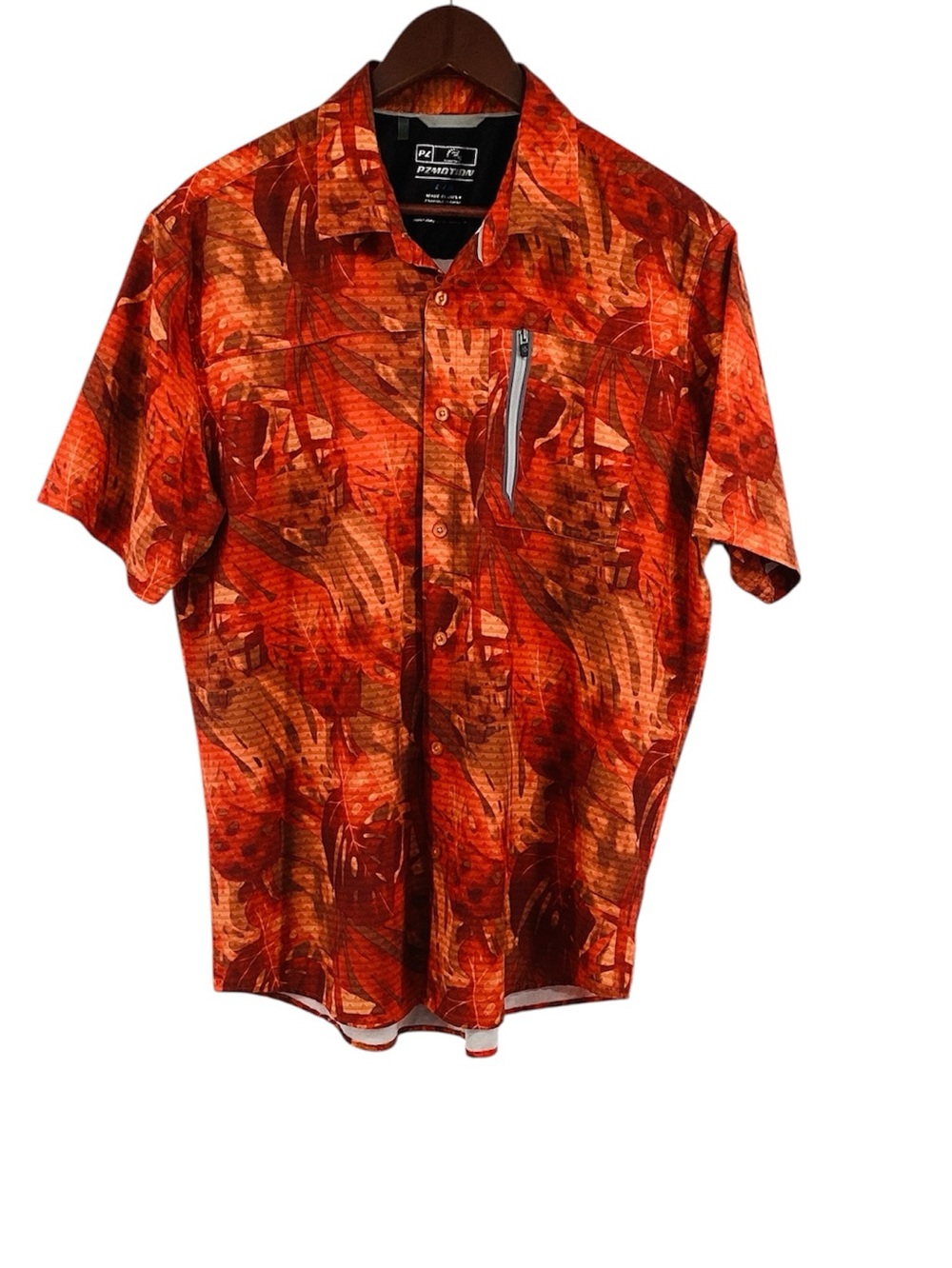 🐵 Point Zero Orange Abstract Short Sleeve Button-Down Shirt, Size Large